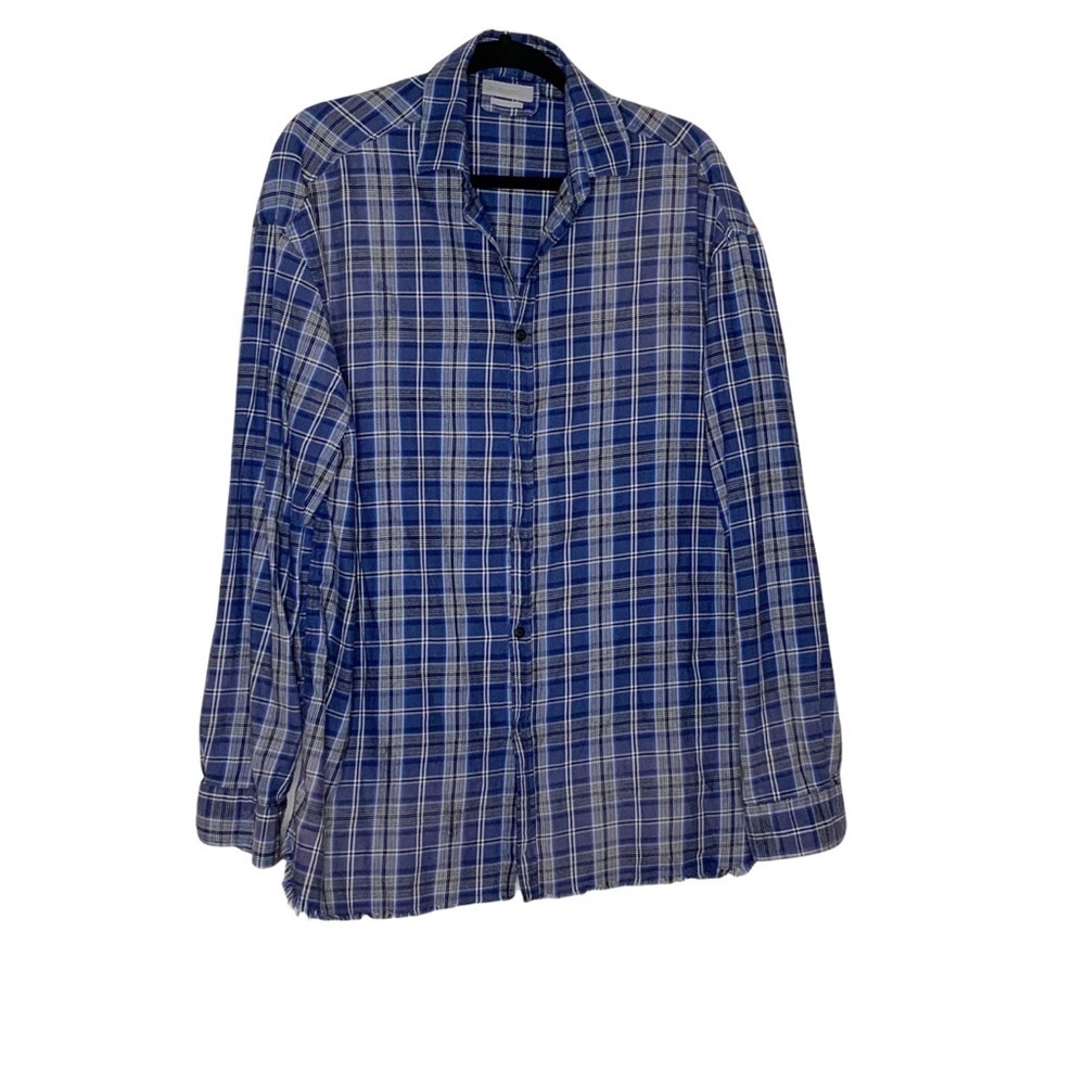 zara MAN Blue plaid buttoned down shirt with frayed hem. Size L